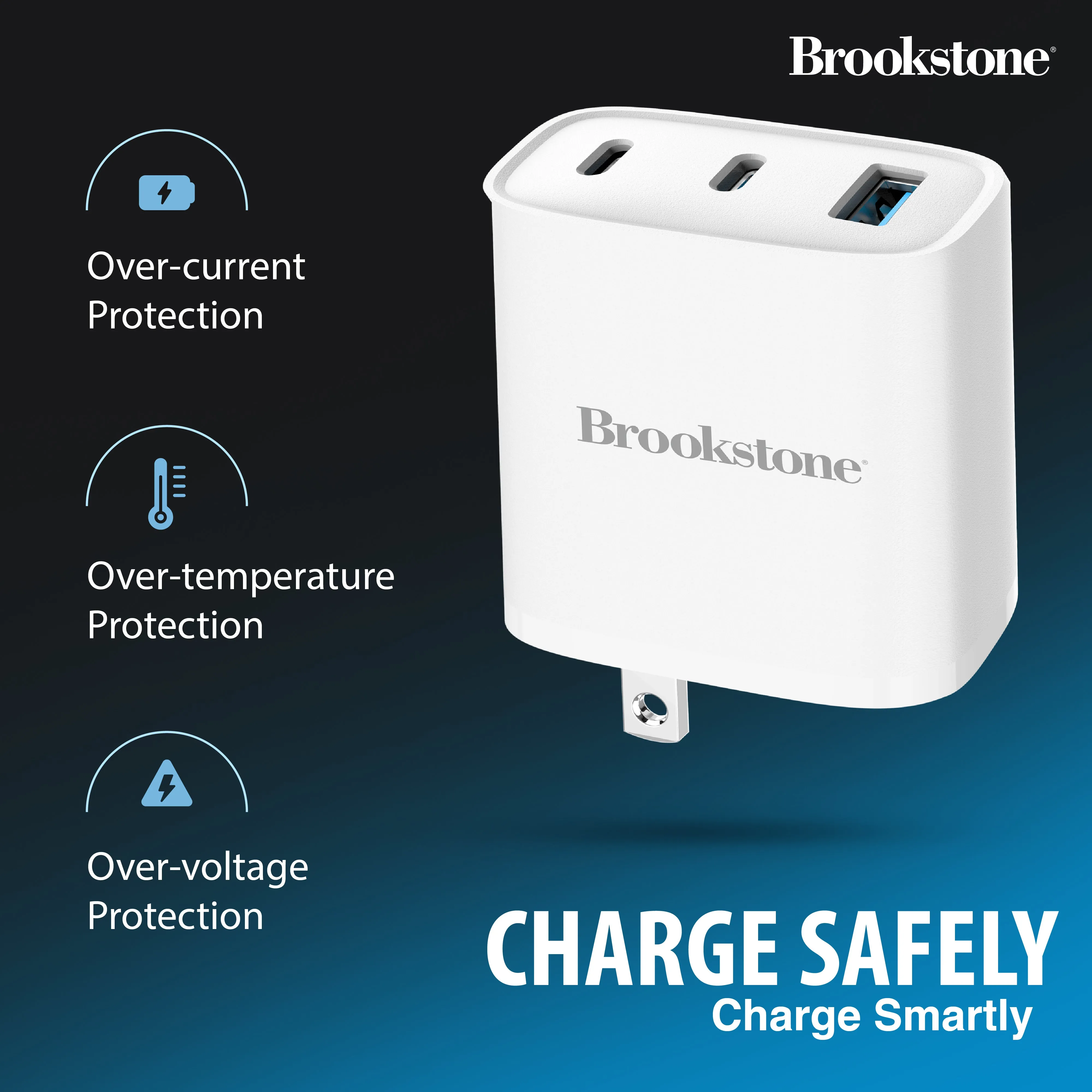 Brookstone PD 40W 3 Port Wall Charger- Dual USB-C and USB A Ports