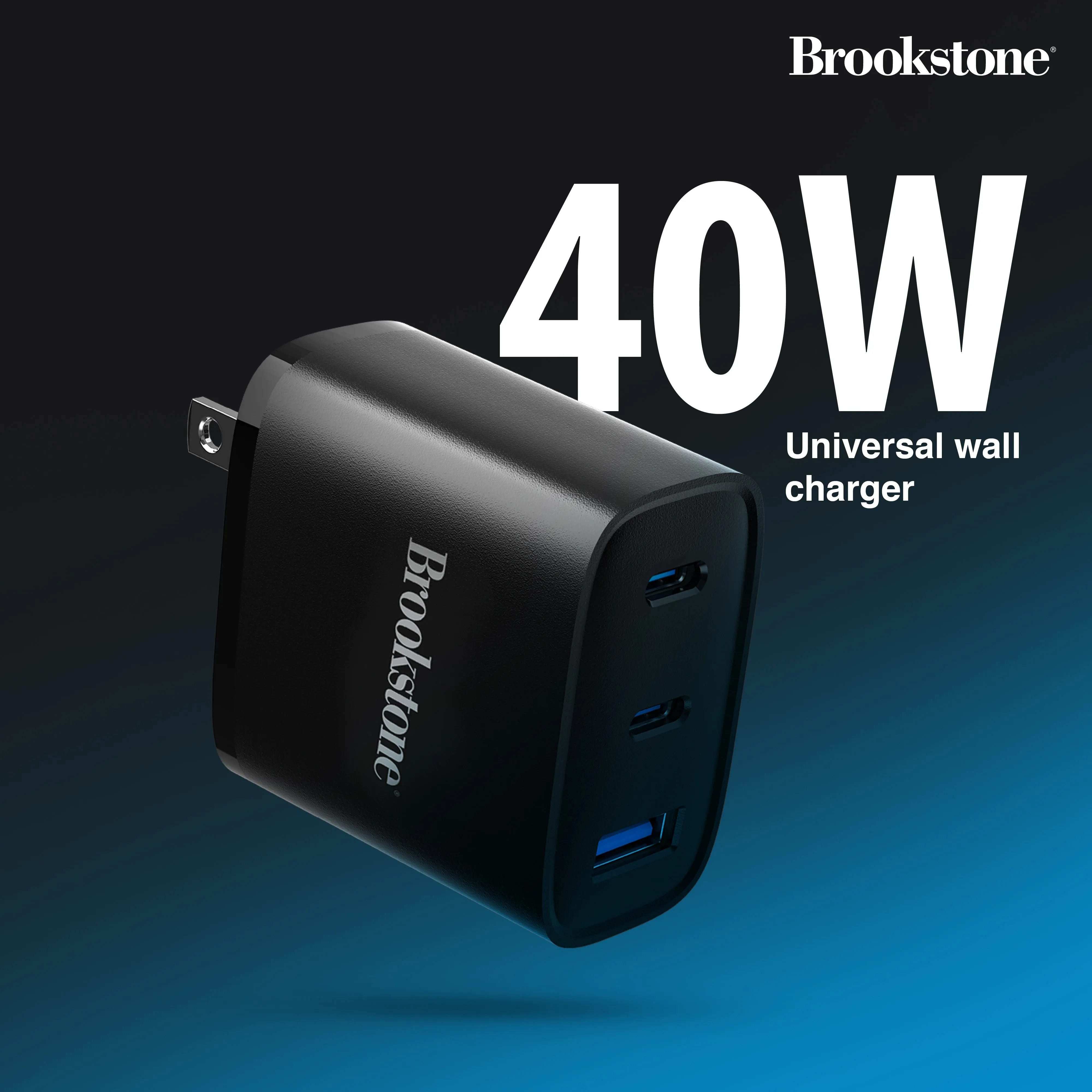 Brookstone PD 40W 3 Port Wall Charger- Dual USB-C and USB A Ports