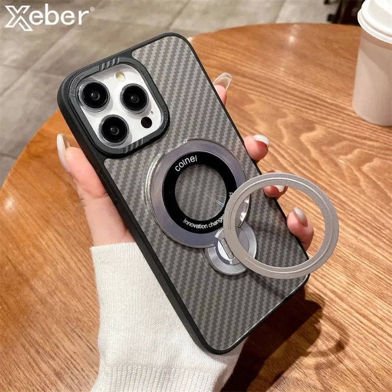 Carbon Fibre Pattern Metal Magnetic Ring Holder For Magsafe Phone Case For iPhone