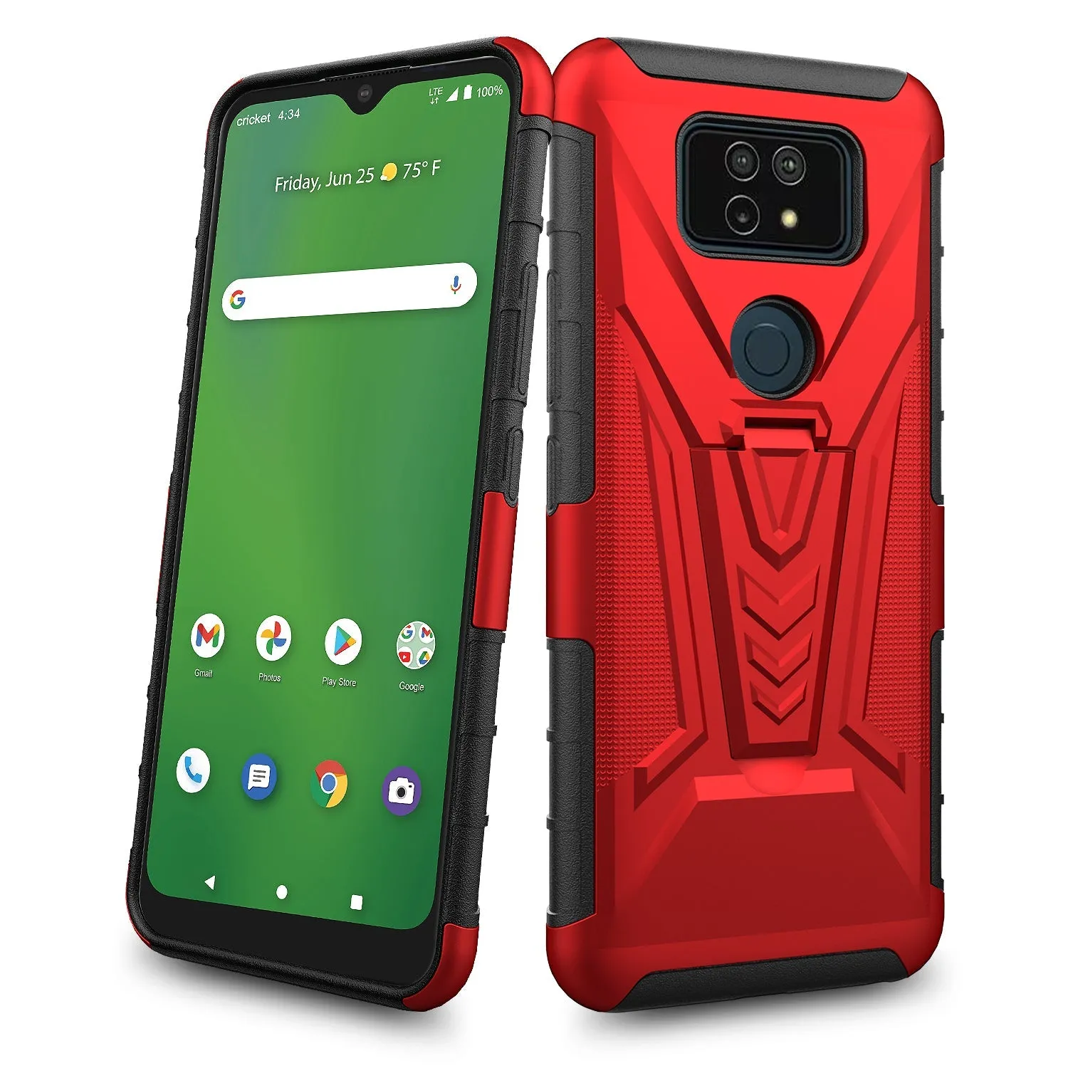 Case for AT&T Motivate Max U668AA / Cricket Ovation 3 Case with Tempered Glass Screen Protector Cover with Kickstand Phone Belt Clip Holster - Red