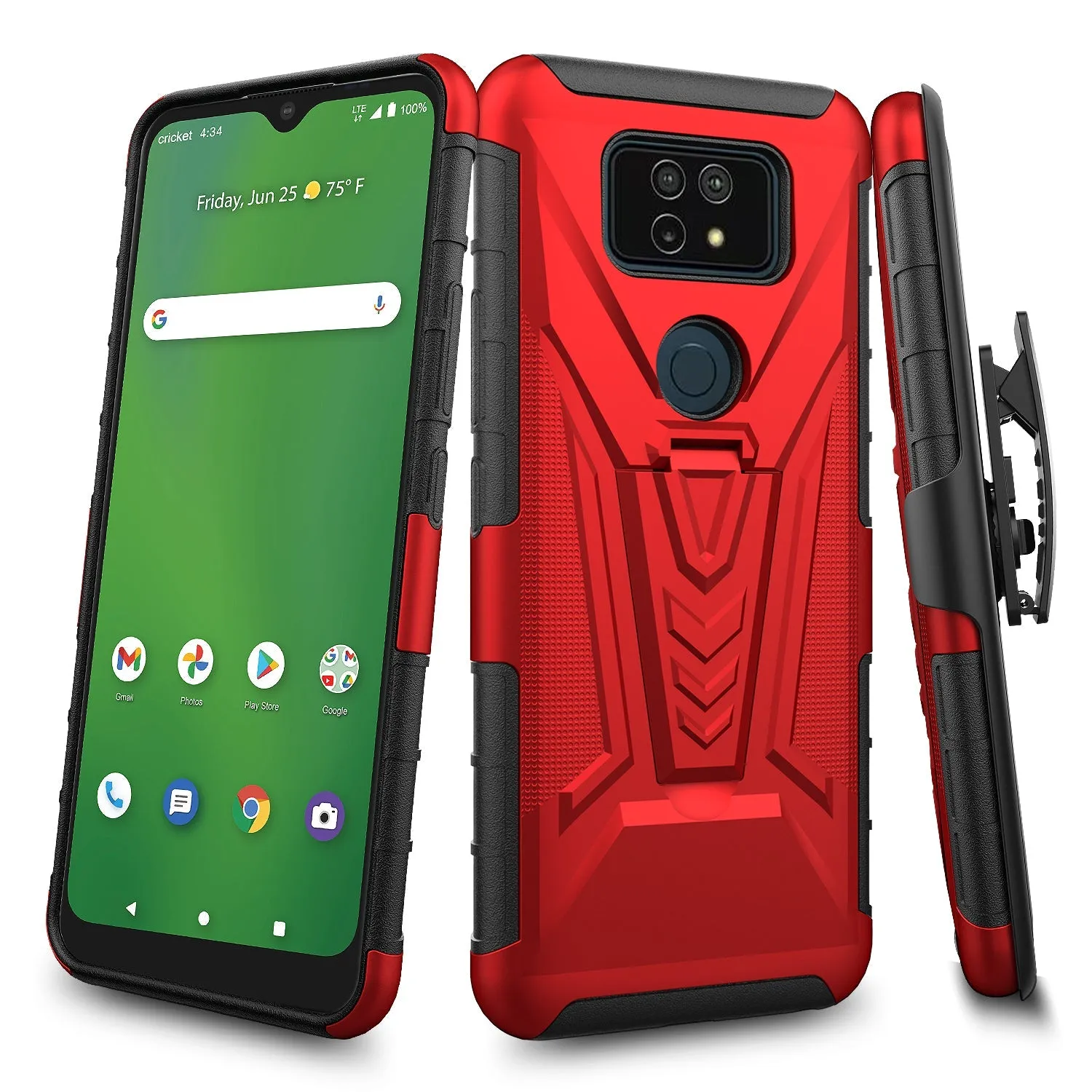 Case for AT&T Motivate Max U668AA / Cricket Ovation 3 Case with Tempered Glass Screen Protector Cover with Kickstand Phone Belt Clip Holster - Red