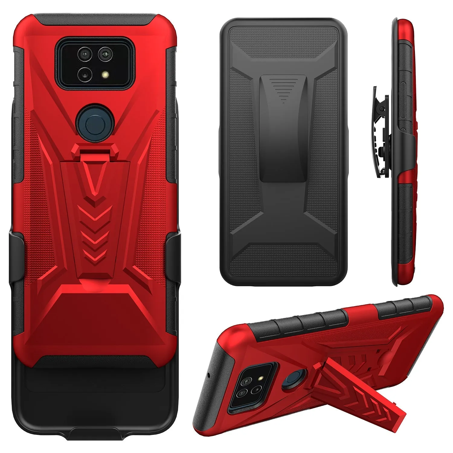 Case for AT&T Motivate Max U668AA / Cricket Ovation 3 Case with Tempered Glass Screen Protector Cover with Kickstand Phone Belt Clip Holster - Red