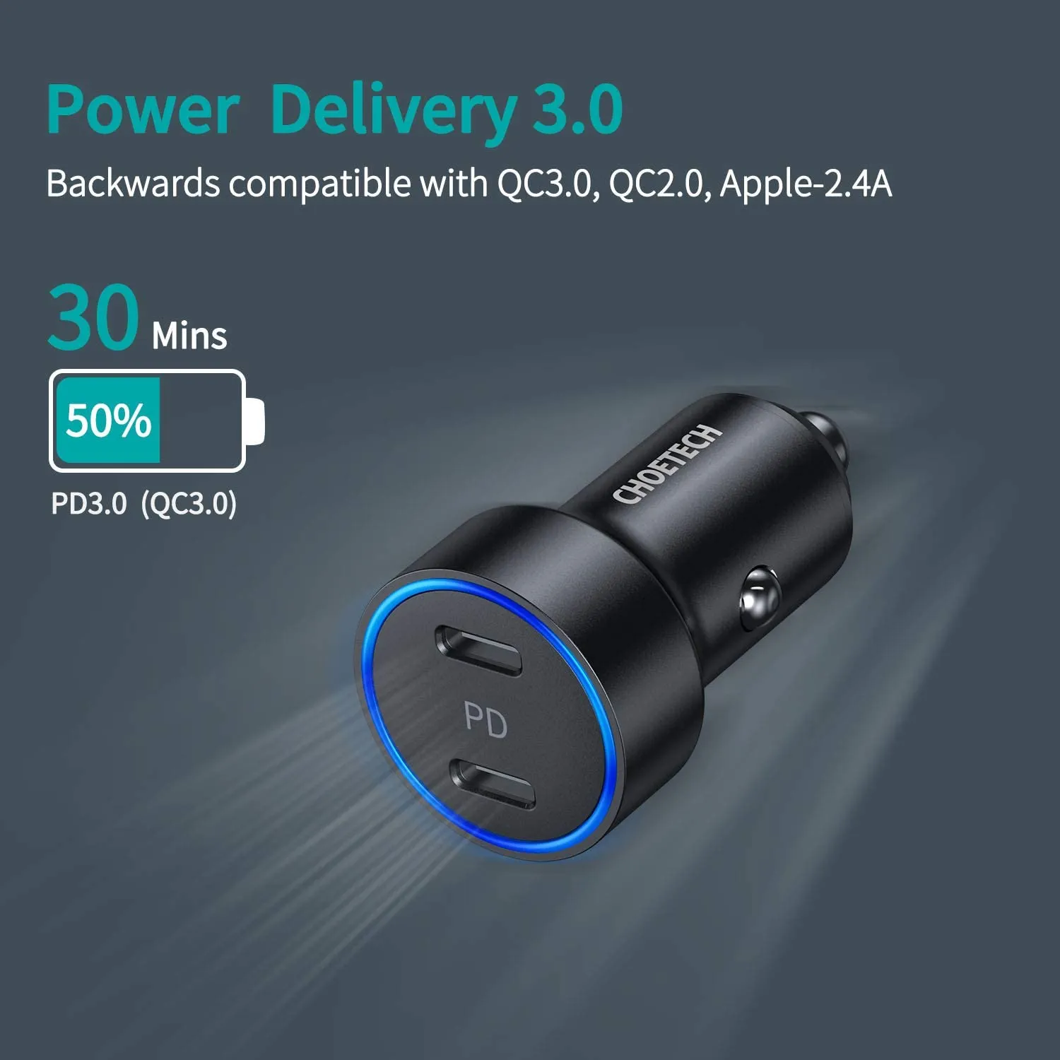 CHOETECH 40W 2-Port PD20W All Metal Fast Car Charger C0054-V2-SL