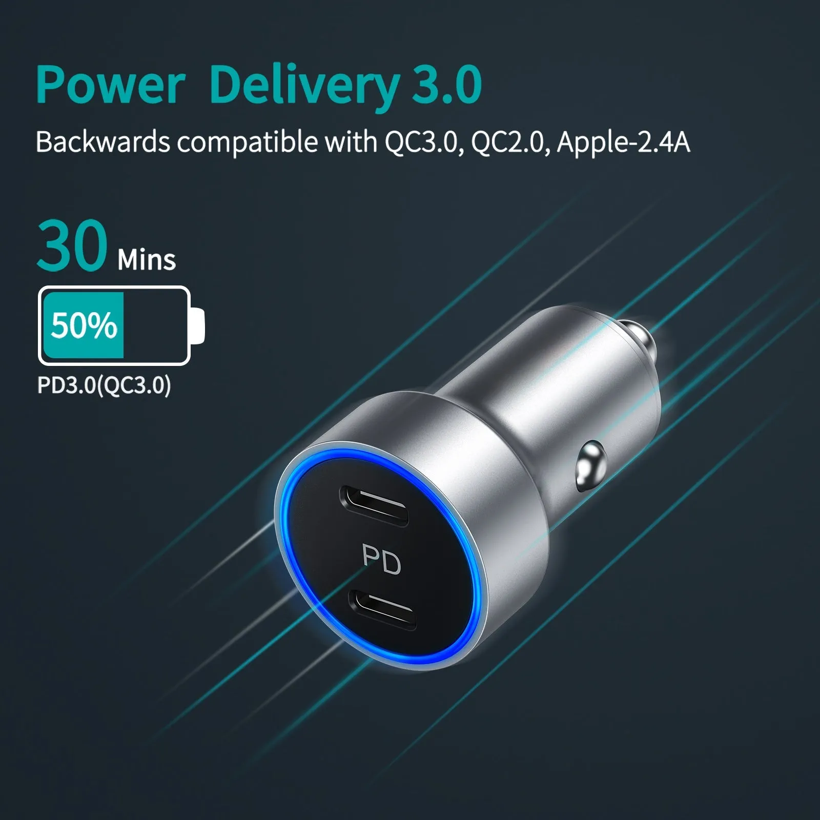 CHOETECH 40W 2-Port PD20W All Metal Fast Car Charger C0054-V2-SL