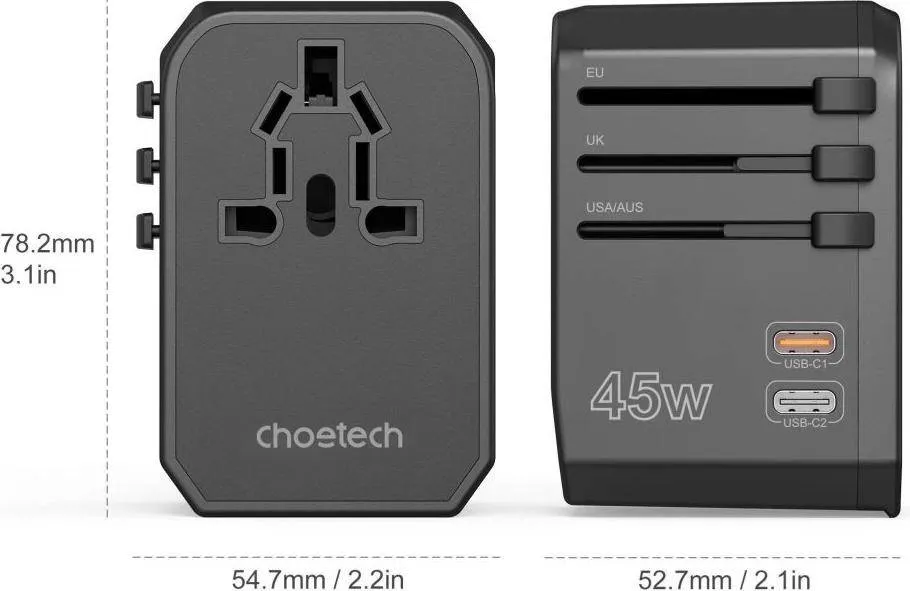 Choetech Travel Charger With Us Eu Uk Au Plugs-45 W Gan Technology