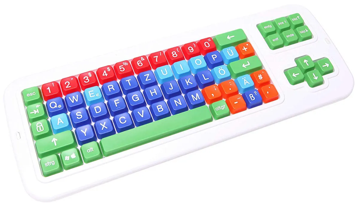 Clevy German Large Print solid Spill proof Color Coded Mechanical Computer Keyboard with Uppercase White Lettering - 102778