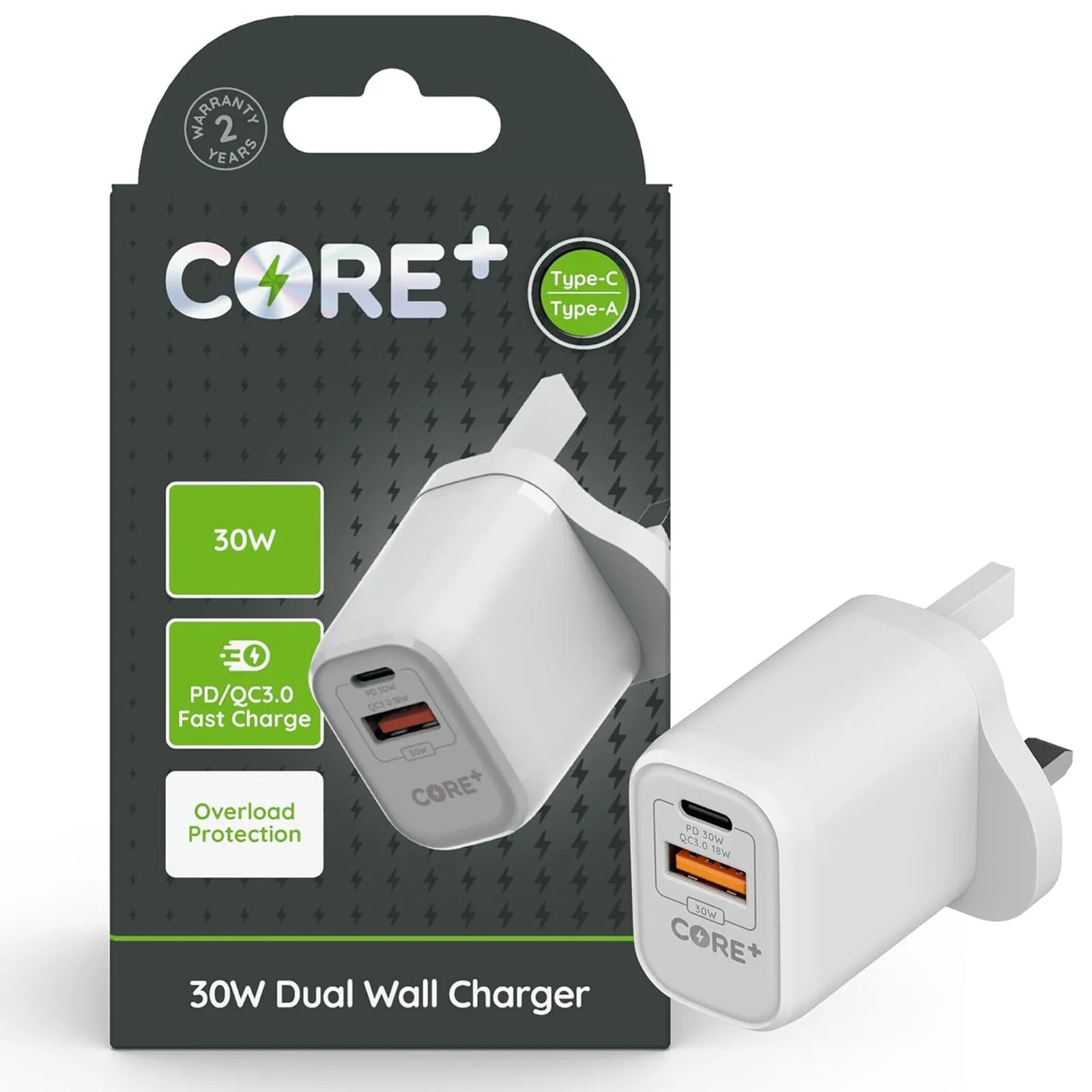 Core   Dual USB A   USB C Wall Charger Plug