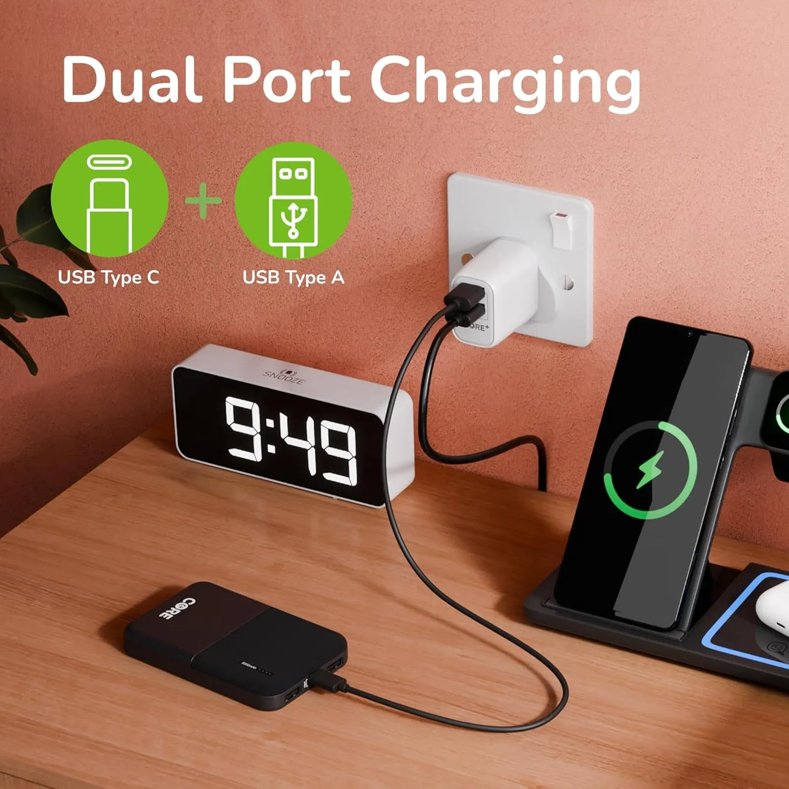 Core   Dual USB A   USB C Wall Charger Plug