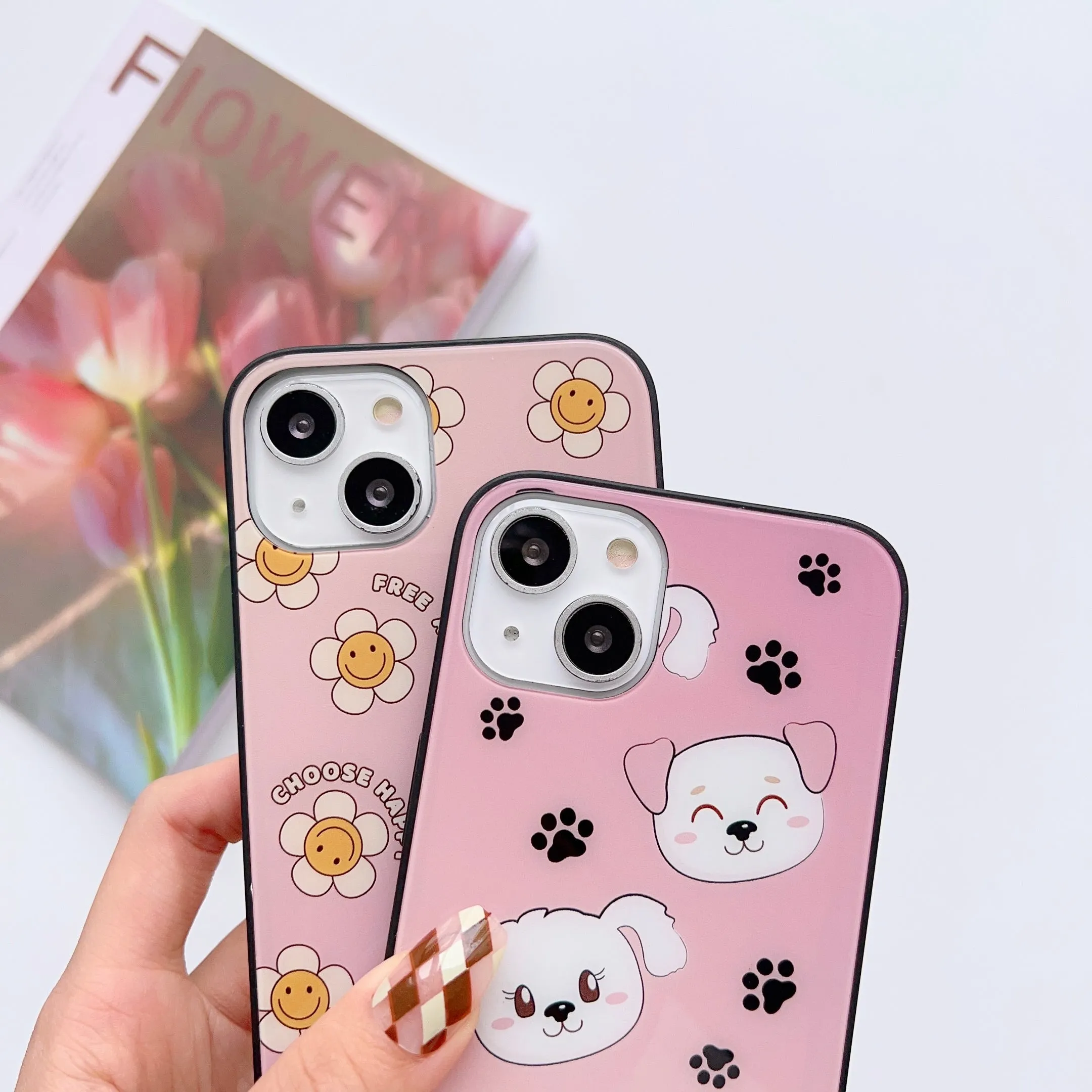 Cute Dog And Flower Pattern Glass Case