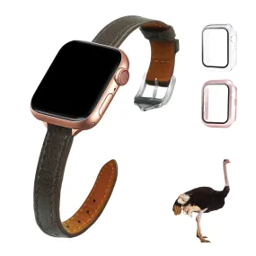 Dark Brown Flat Ostrich Leather Band Compatible Apple Watch Iwatch 38mm Screen Protector Case Silver Adapter Replacement Strap For Smartwatch Series 1 2 3 Leather Handmade AW-183S-W-38MM