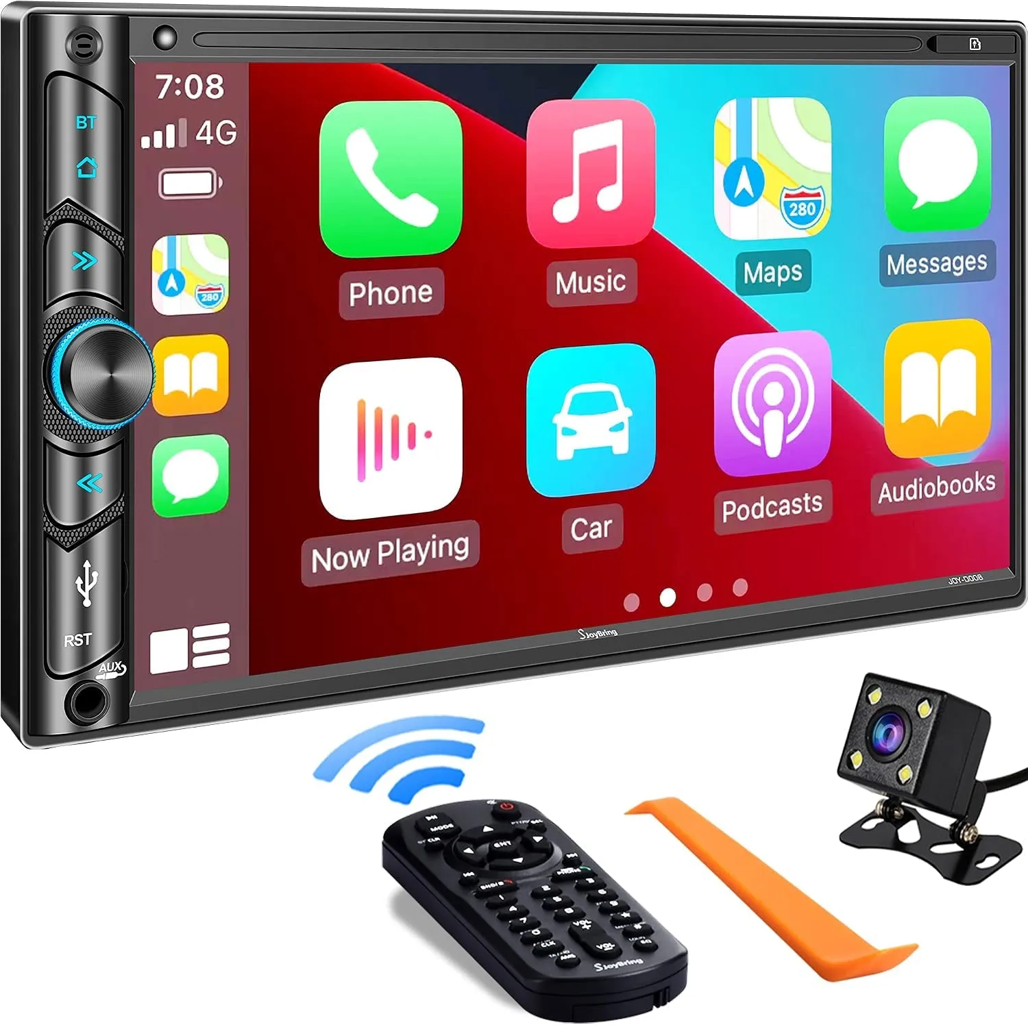 Double Din Car Stereo Compatible with Voice Control Apple Carplay - 7 Inch HD LCD Touchscreen Monitor, Bluetooth, Subwoofer, USB/SD Port, A/V Input, AM/FM Car Radio Receiver, Backup Camera