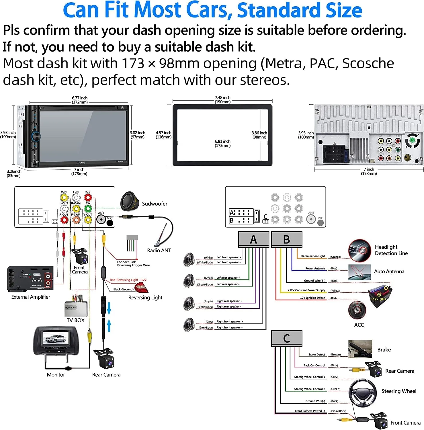 Double Din Car Stereo Compatible with Voice Control Apple Carplay - 7 Inch HD LCD Touchscreen Monitor, Bluetooth, Subwoofer, USB/SD Port, A/V Input, AM/FM Car Radio Receiver, Backup Camera