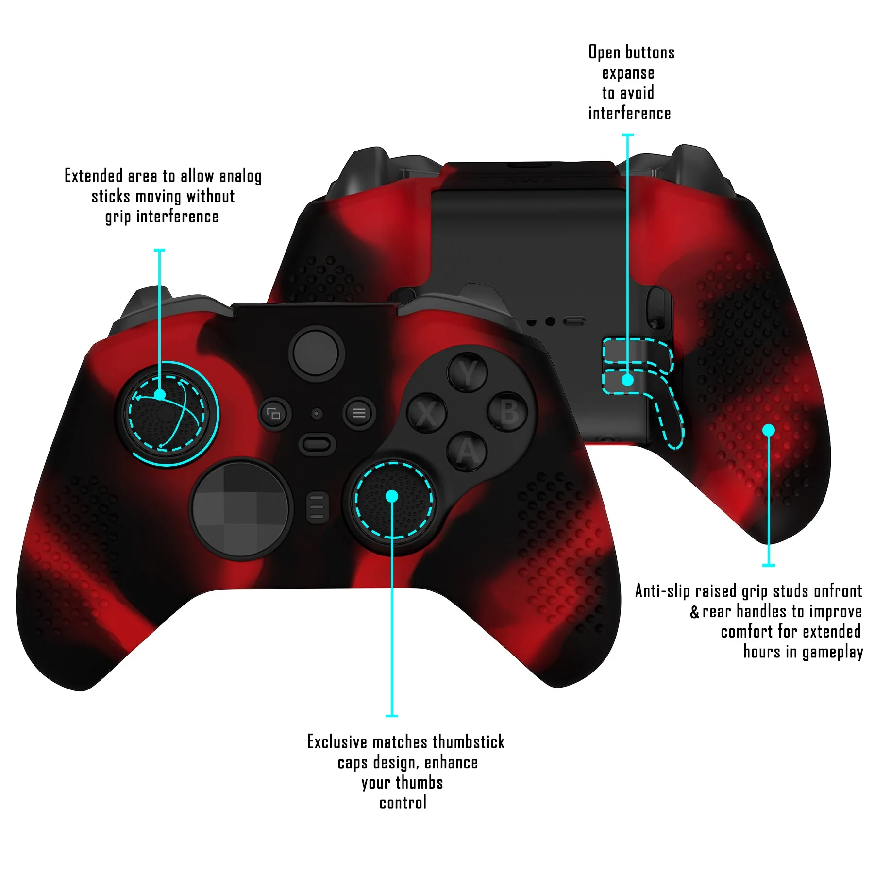 eXtremeRate PlayVital Black & Red Soft Anti-Slip Silicone Cover Skins, Controller Protective Case for New Xbox One Elite Series 2 (Model 1797 and Core Model 1797) with Thumb Grips Analog Caps - XBOWP0062GC