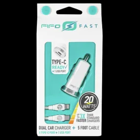 Fifo Dual Car Charger C to Lightning 5 ft - USB-C Port   1 USB