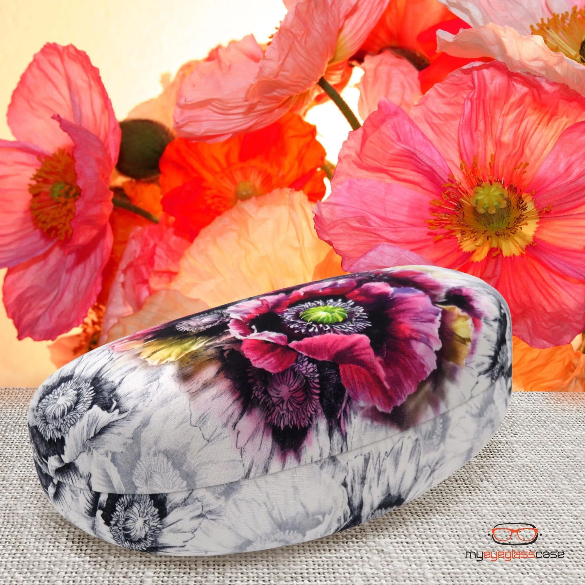 Floral Sunglasses Case, Large Hard Glasses Case | Eyeglass Case for Large to Extra Large Frames with Drawstring Pouch and Cleaning cloth By Rachel Rowberry (AS413 Poppy)