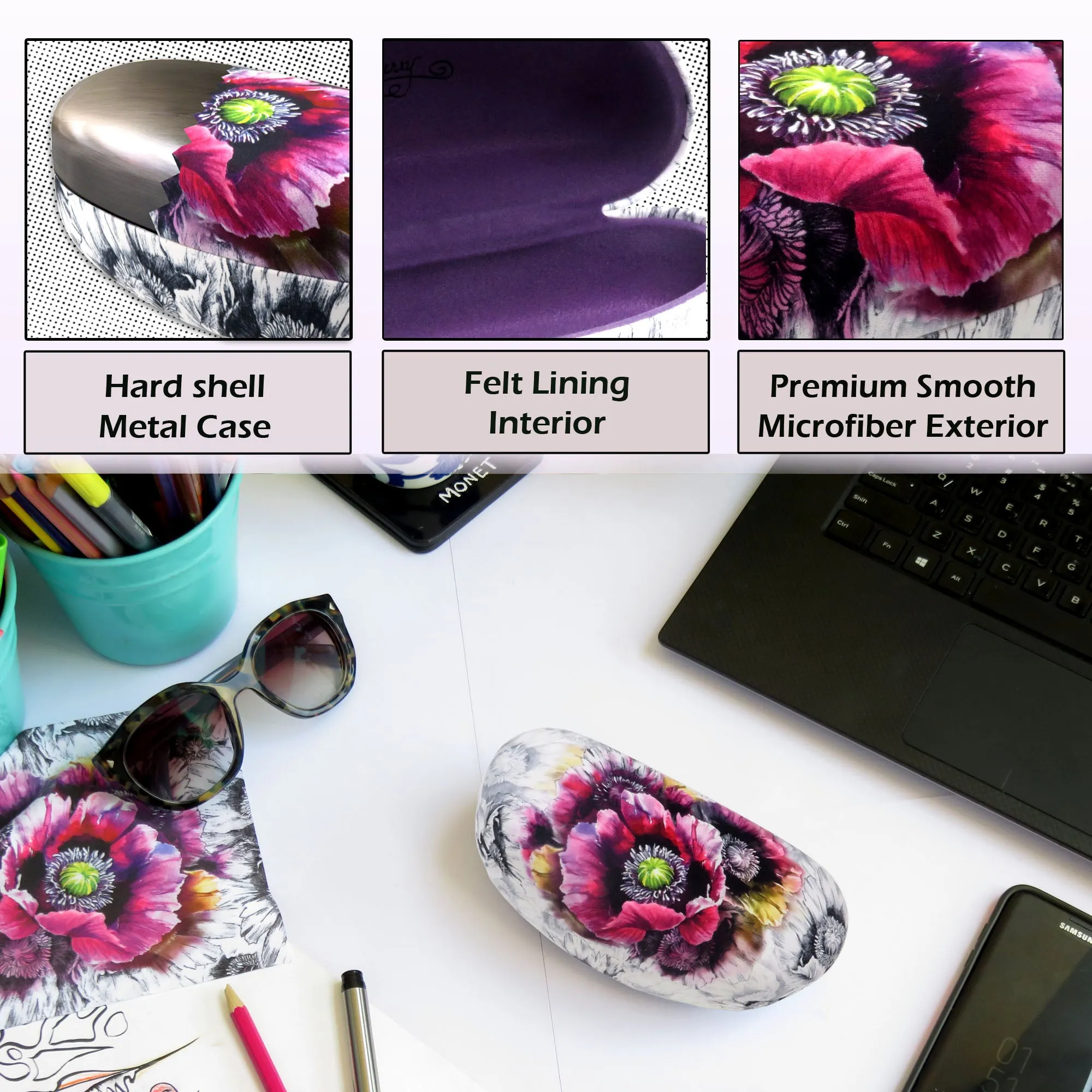 Floral Sunglasses Case, Large Hard Glasses Case | Eyeglass Case for Large to Extra Large Frames with Drawstring Pouch and Cleaning cloth By Rachel Rowberry (AS413 Poppy)