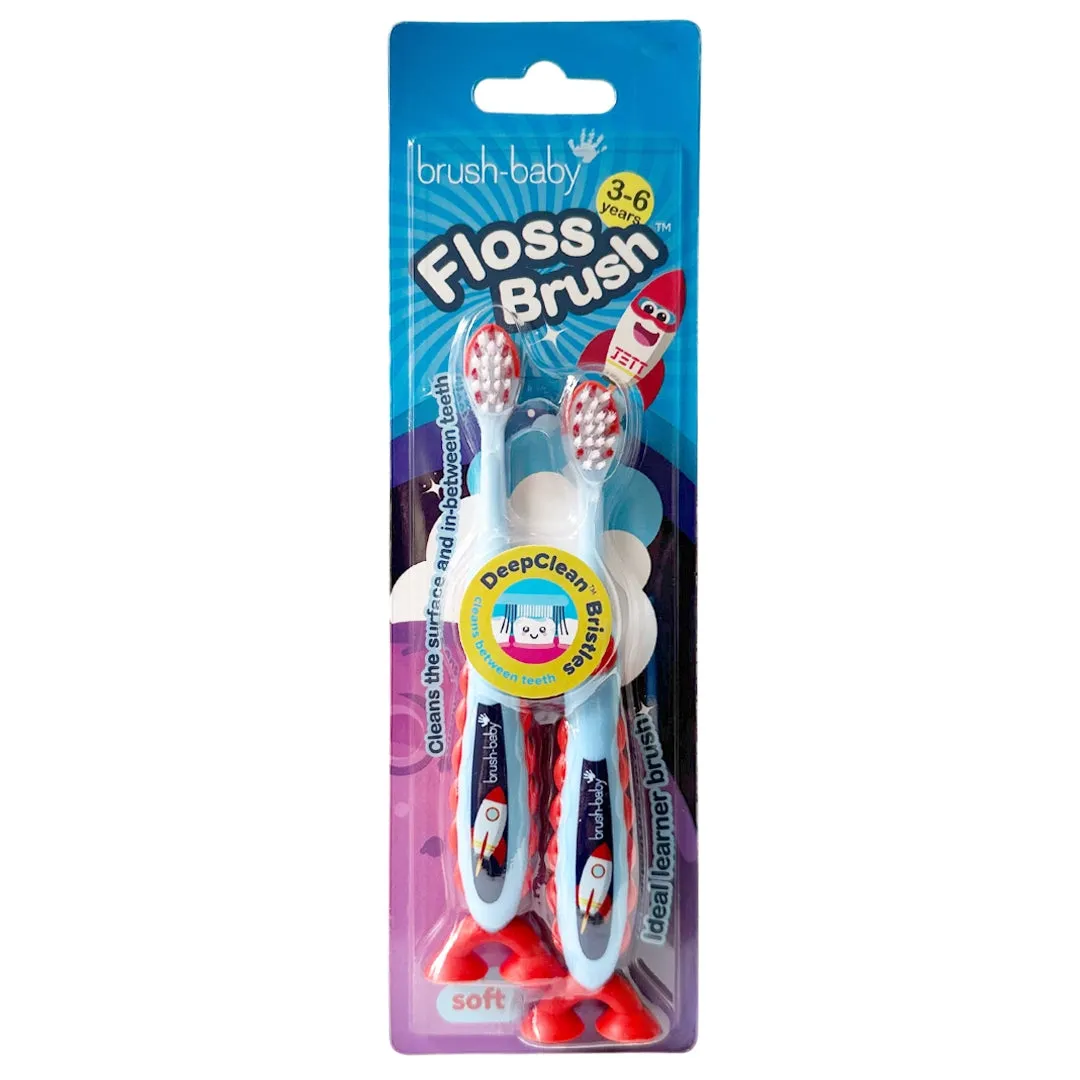 FlossBrush™ Bristles Toothbrushes Double Pack (3-6 Years) 12 Packs of Mixed Colours (Dinosaur, Unicorn, Rocket, Flamingo)