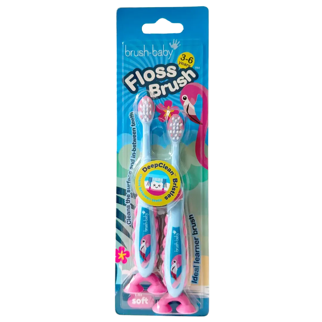 FlossBrush™ Bristles Toothbrushes Double Pack (3-6 Years) 12 Packs of Mixed Colours (Dinosaur, Unicorn, Rocket, Flamingo)