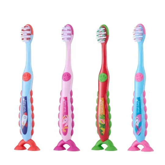 FlossBrush™ Bristles Toothbrushes Double Pack (3-6 Years) 12 Packs of Mixed Colours (Dinosaur, Unicorn, Rocket, Flamingo)