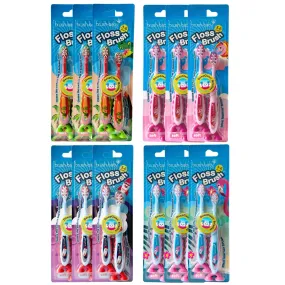 FlossBrush™ Bristles Toothbrushes Double Pack (3-6 Years) 12 Packs of Mixed Colours (Dinosaur, Unicorn, Rocket, Flamingo)