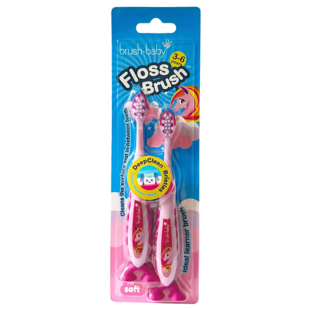 FlossBrush™ Bristles Toothbrushes Double Pack (3-6 Years) 12 Packs of Mixed Colours (Dinosaur, Unicorn, Rocket, Flamingo)