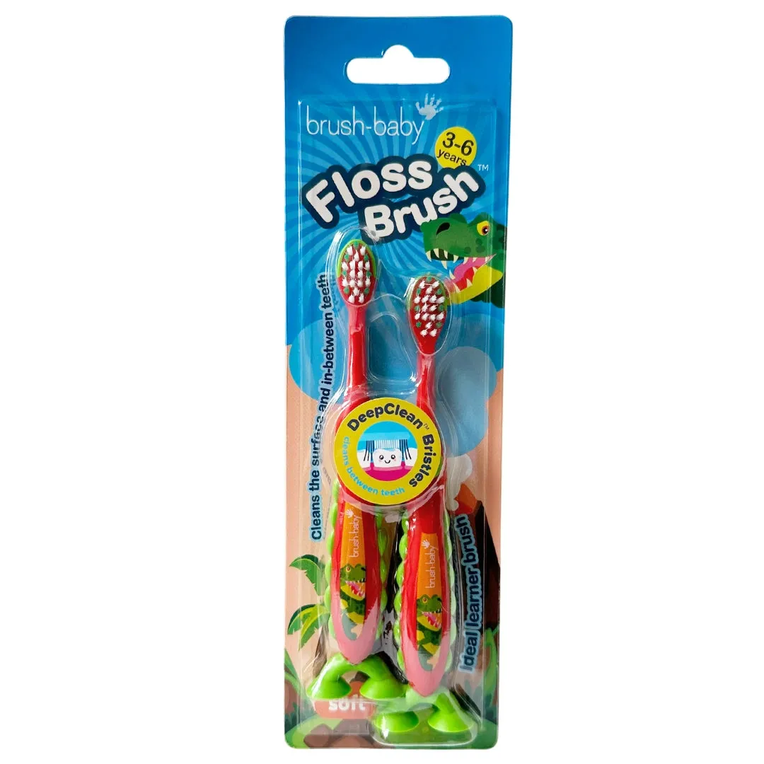 FlossBrush™ Bristles Toothbrushes Double Pack (3-6 Years) 12 Packs of Mixed Colours (Dinosaur, Unicorn, Rocket, Flamingo)