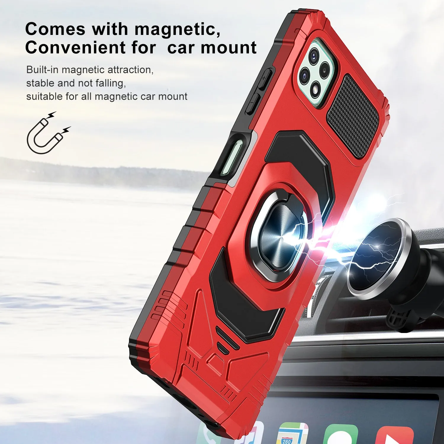 For Boost Celero 5G Case with Tempered Glass Screen Protector Hybrid Ring Shockproof Hard Case Phone Cover - Red