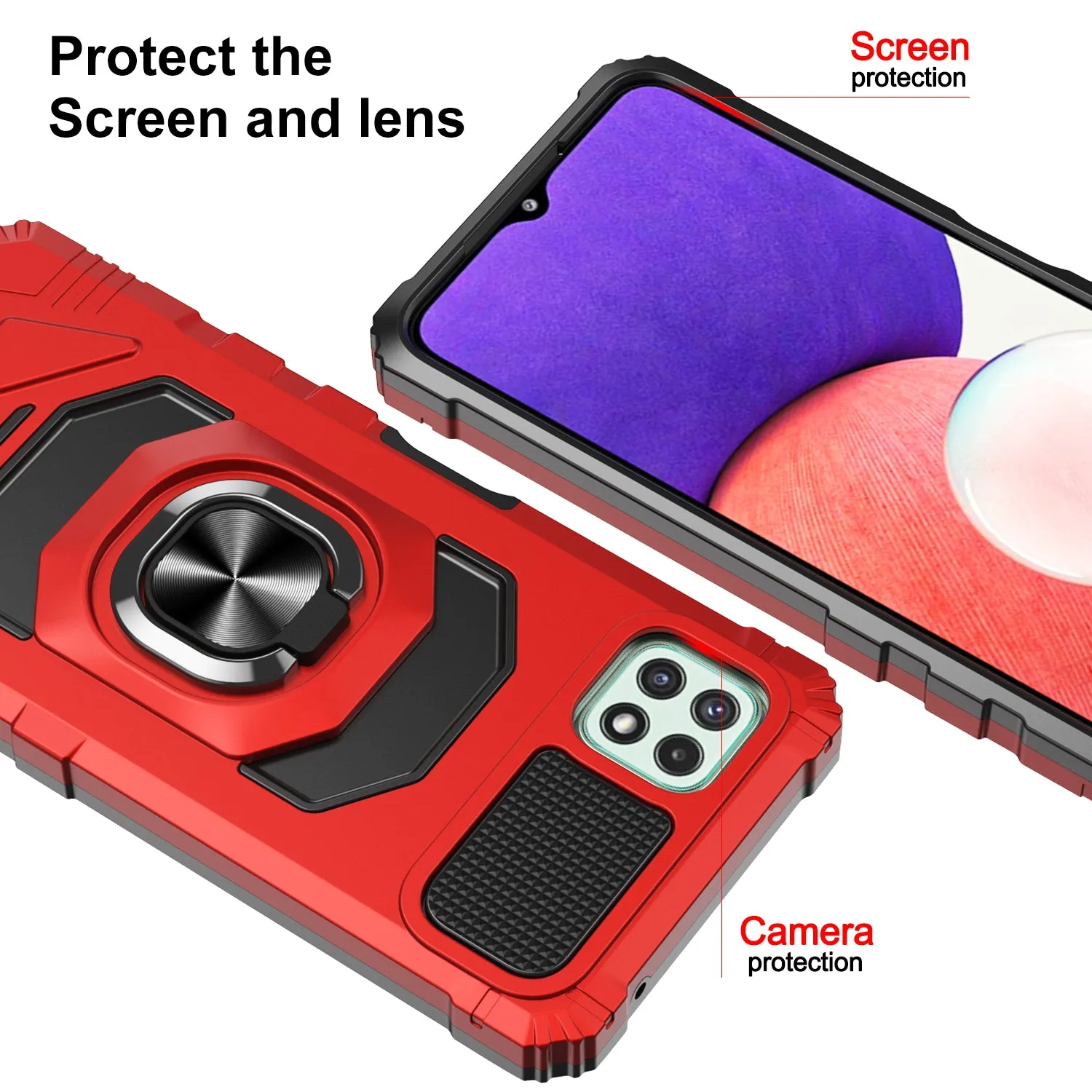 For Boost Celero 5G Case with Tempered Glass Screen Protector Hybrid Ring Shockproof Hard Case Phone Cover - Red