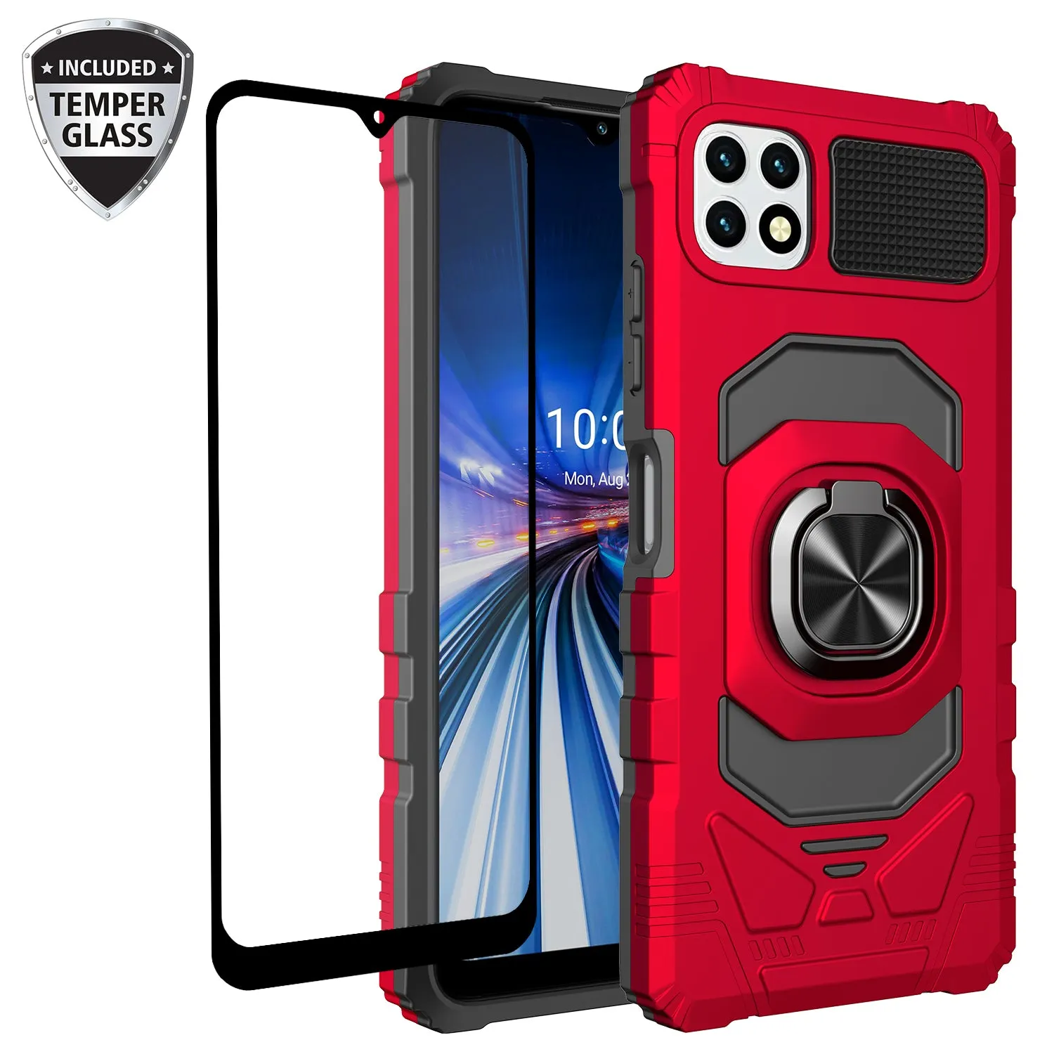 For Boost Celero 5G Case with Tempered Glass Screen Protector Hybrid Ring Shockproof Hard Case Phone Cover - Red