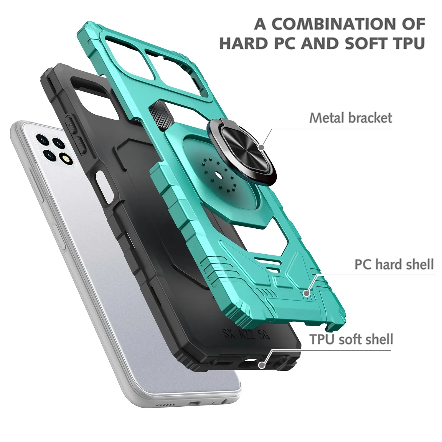 For Boost Celero 5G Case with Tempered Glass Screen Protector Hybrid Ring Shockproof Hard Case Phone Cover - Teal