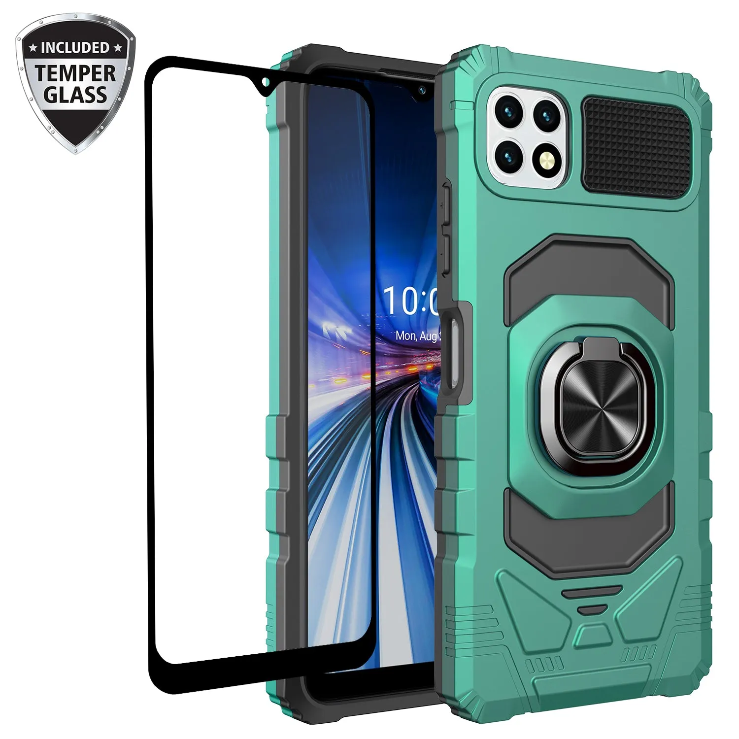 For Boost Celero 5G Case with Tempered Glass Screen Protector Hybrid Ring Shockproof Hard Case Phone Cover - Teal