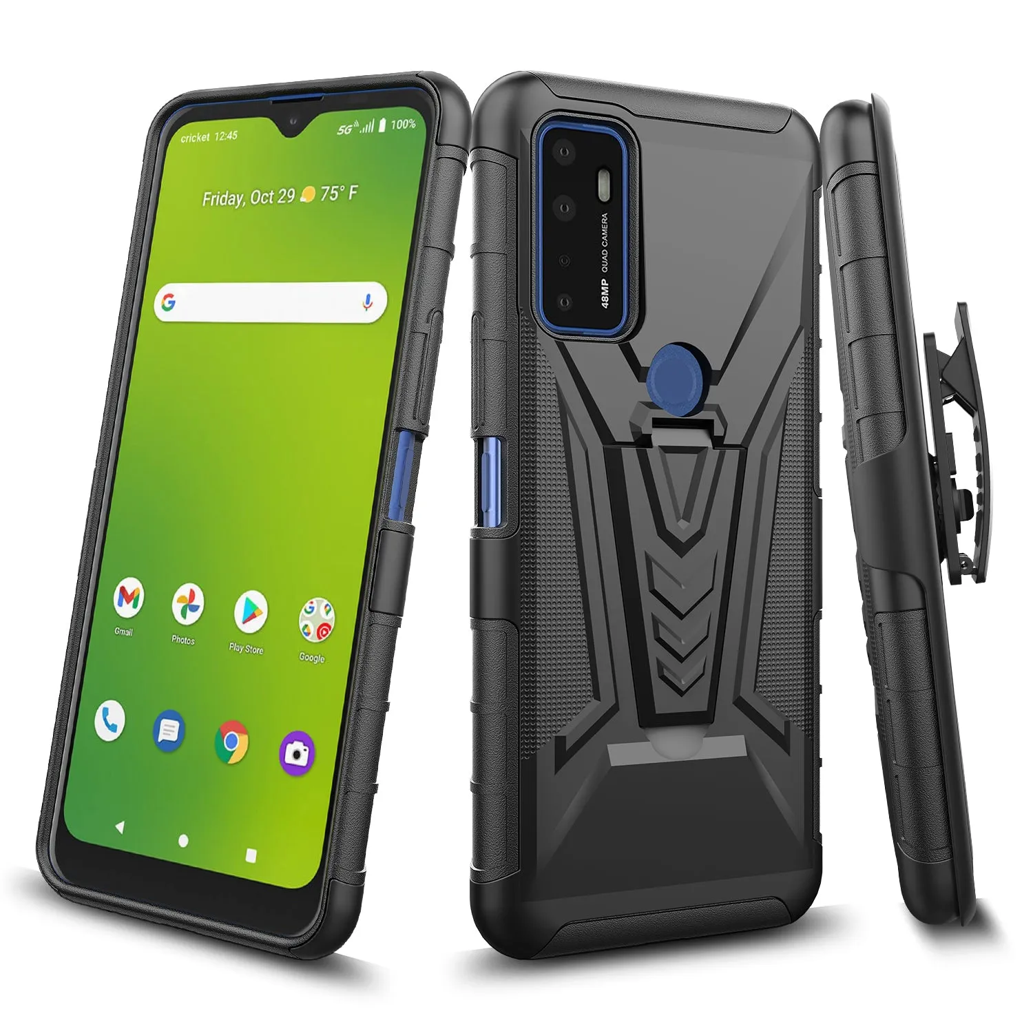 For Cricket Dream 5G / AT&T Radiant Max 5G / AT&T Fusion 5G Case with Tempered Glass Screen Protector Heavy Duty Protective Phone Case,Built-in Kickstand Rugged Shockproof Protective Phone Case - Black