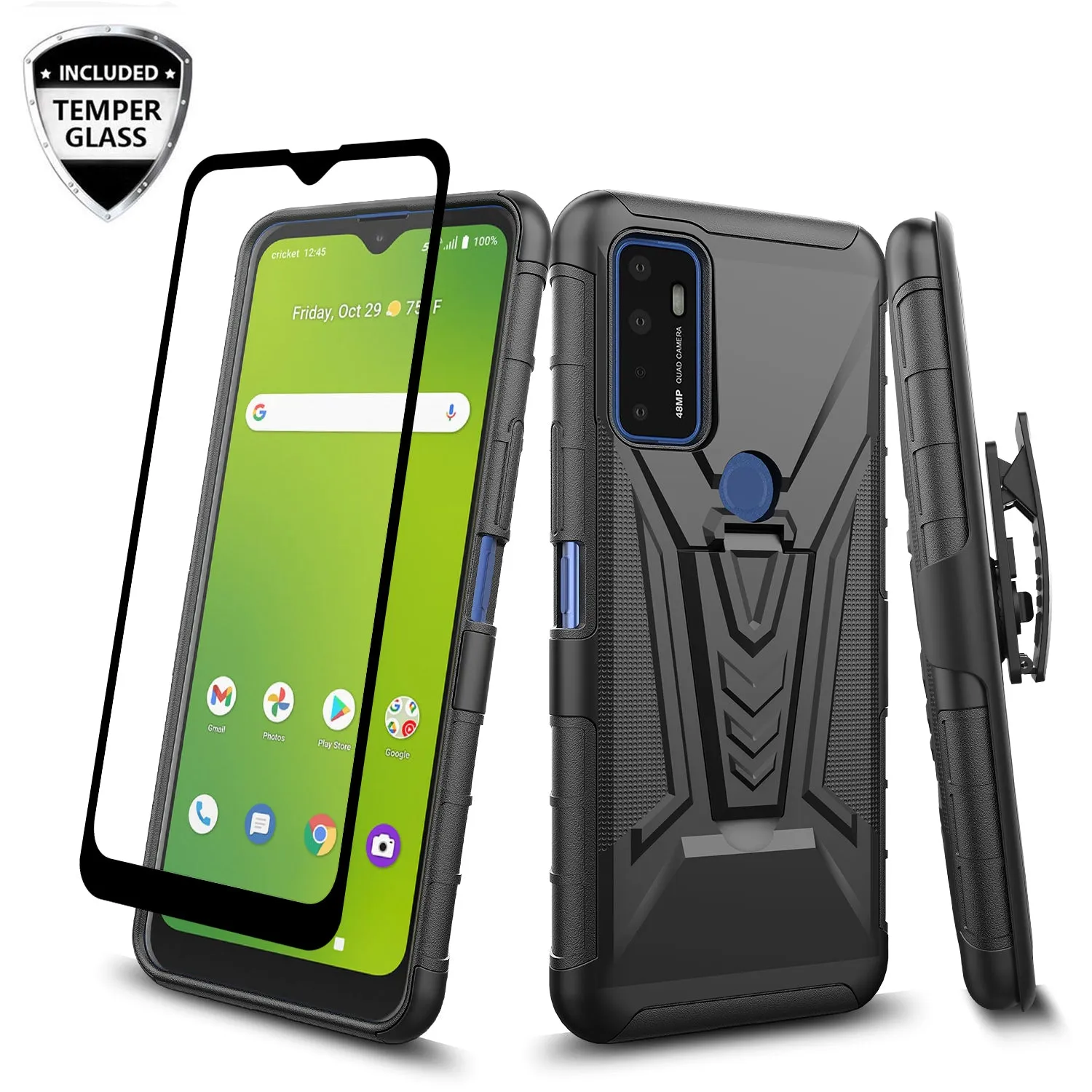 For Cricket Dream 5G / AT&T Radiant Max 5G / AT&T Fusion 5G Case with Tempered Glass Screen Protector Heavy Duty Protective Phone Case,Built-in Kickstand Rugged Shockproof Protective Phone Case - Black