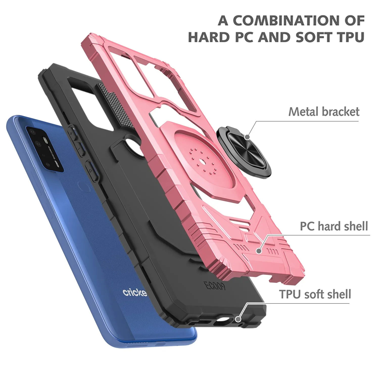 For Cricket Dream 5G / AT&T Radiant Max 5G / AT&T Fusion 5G Case with Tempered Glass Screen Protector Hybrid Ring Shockproof Hard Case Phone Cover - Rose Gold