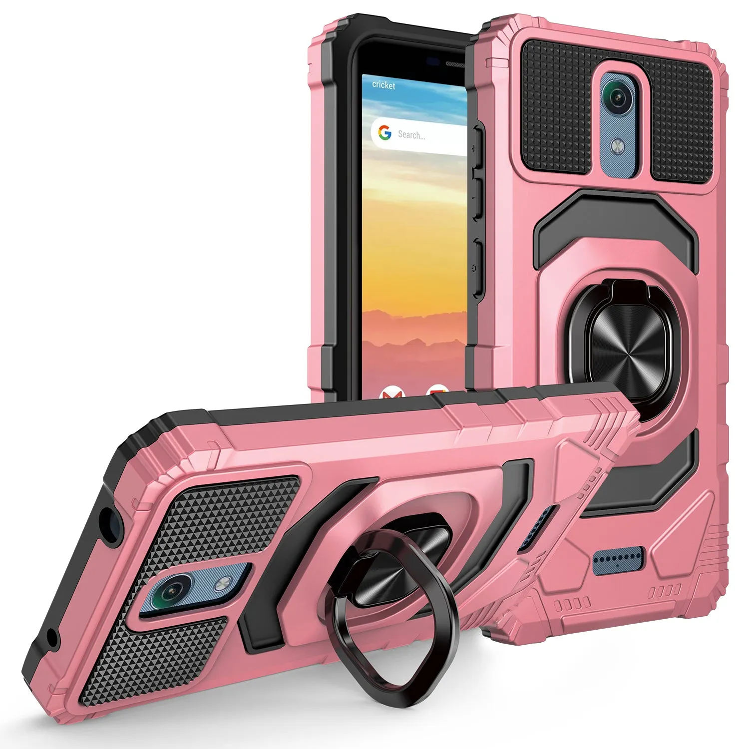 For Cricket Vision 3 /AT&T Calypso (U318AA) Case with Tempered Glass Screen Protector Hybrid Ring Shockproof Hard Case Phone Cover - Rose Gold