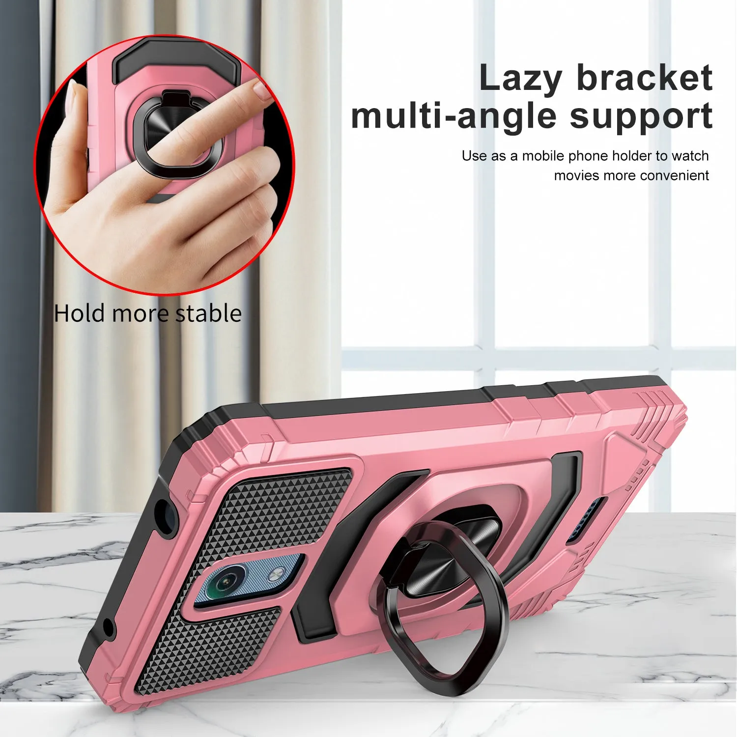 For Cricket Vision 3 /AT&T Calypso (U318AA) Case with Tempered Glass Screen Protector Hybrid Ring Shockproof Hard Case Phone Cover - Rose Gold