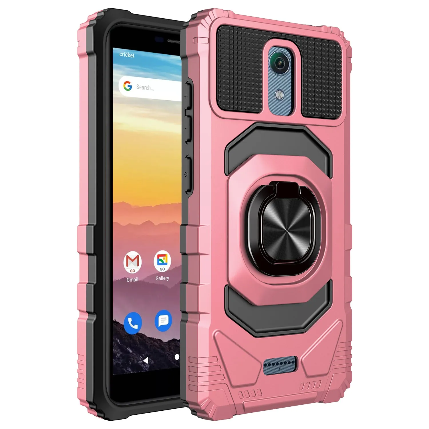 For Cricket Vision 3 /AT&T Calypso (U318AA) Case with Tempered Glass Screen Protector Hybrid Ring Shockproof Hard Case Phone Cover - Rose Gold