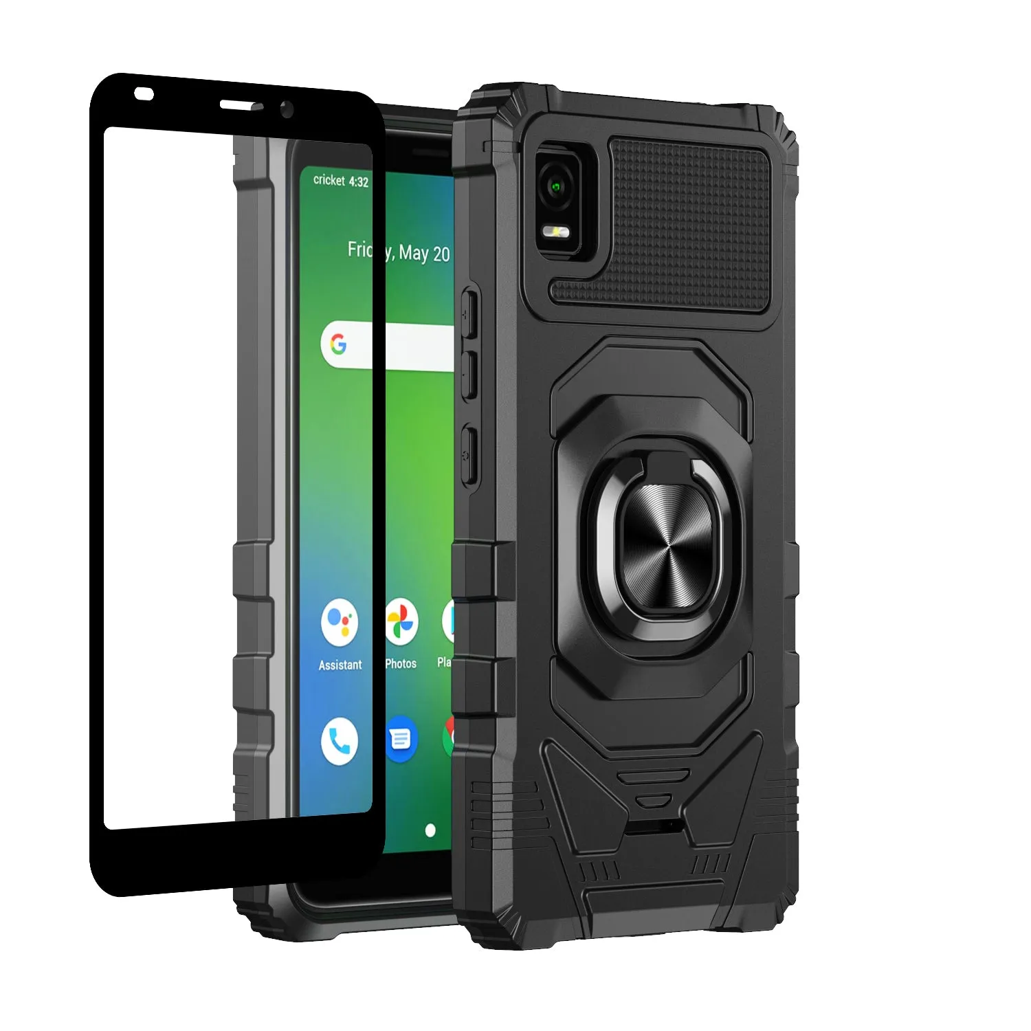 For Cricket Vision Plus Case [Military Grade] Ring Car Mount Kickstand w/[Tempered Glass] Hybrid Hard PC Soft TPU Shockproof Protective Case - Black