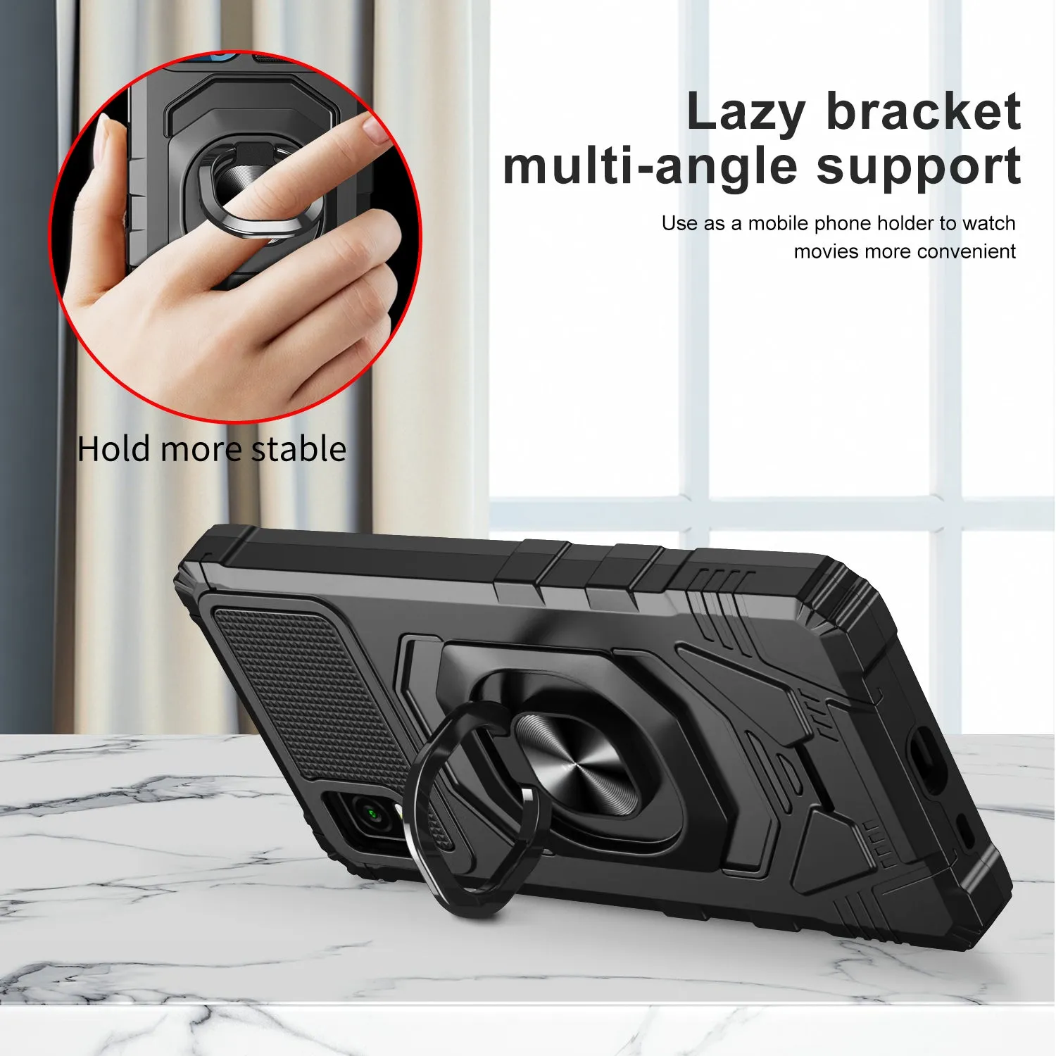 For Cricket Vision Plus Case [Military Grade] Ring Car Mount Kickstand w/[Tempered Glass] Hybrid Hard PC Soft TPU Shockproof Protective Case - Black