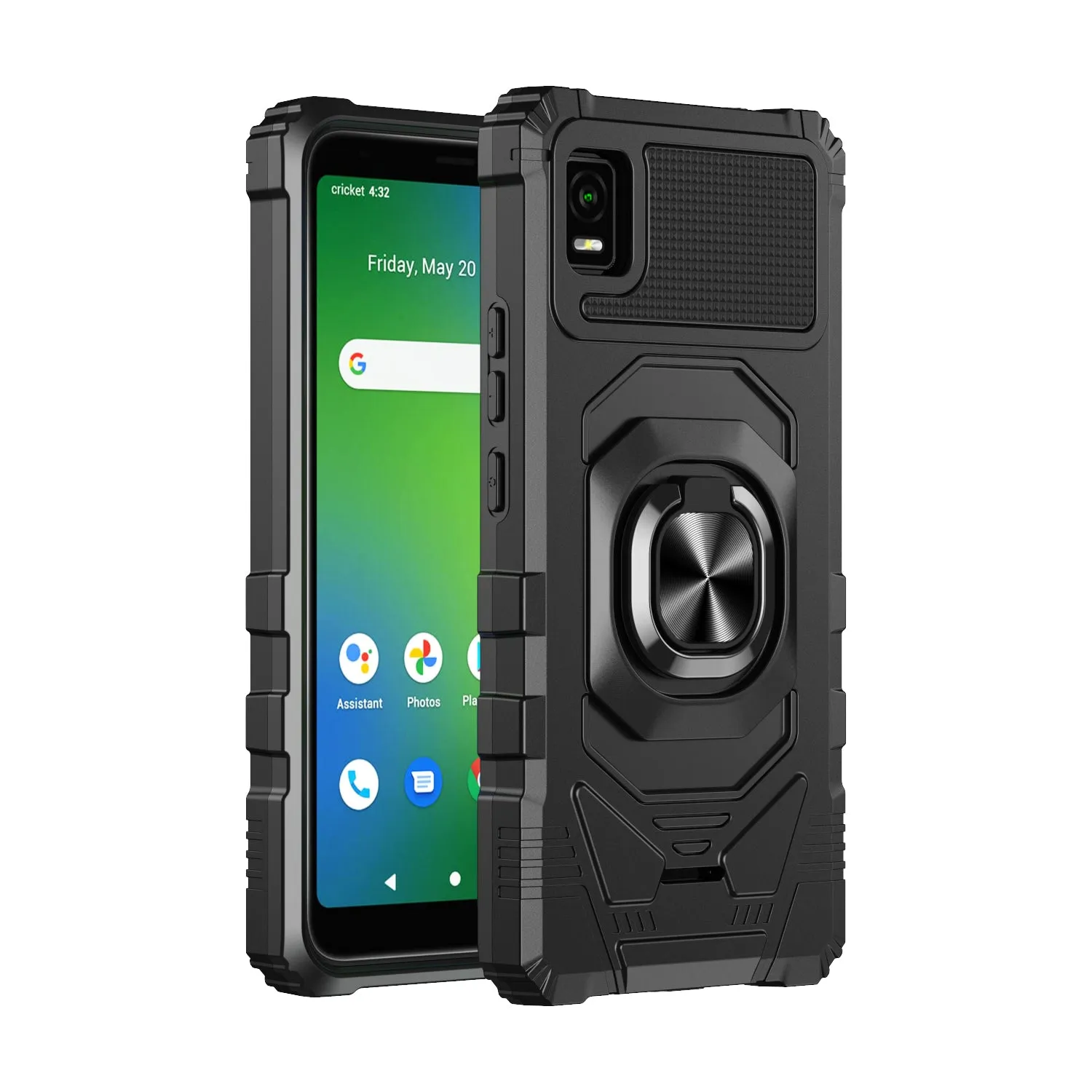 For Cricket Vision Plus Case [Military Grade] Ring Car Mount Kickstand w/[Tempered Glass] Hybrid Hard PC Soft TPU Shockproof Protective Case - Black