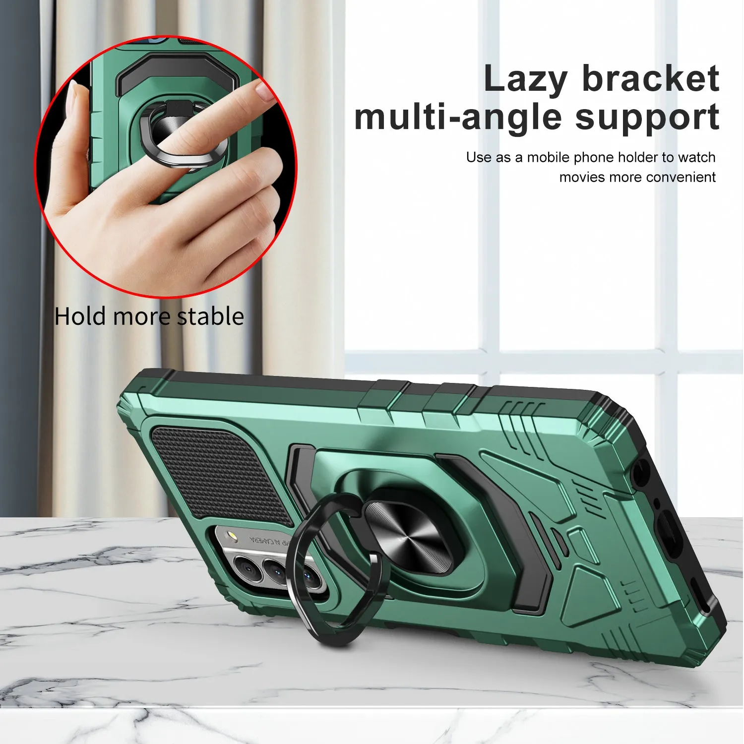 For Nokia C300 Case [Military Grade] Ring Car Mount Kickstand w/[Tempered Glass] Hybrid Hard PC Soft TPU Shockproof Protective Case - Teal