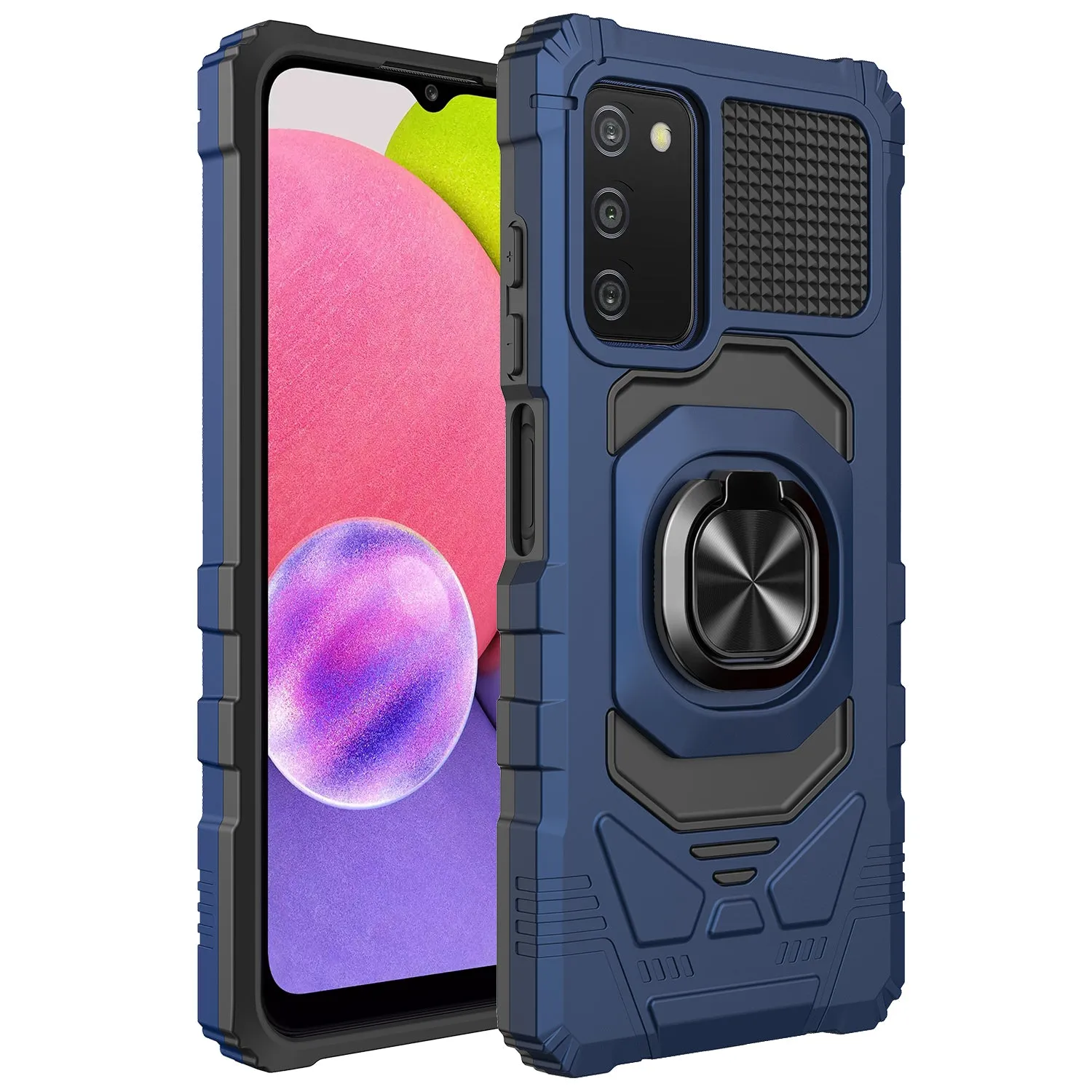 For Samsung Galaxy A03s Case [Military Grade] Ring Car Mount Kickstand w/[Tempered Glass] Hybrid Hard PC Soft TPU Shockproof Protective Case - Blue