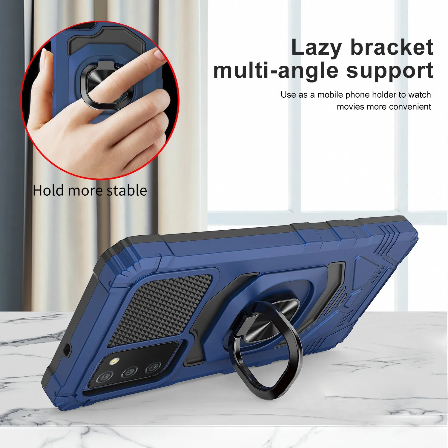 For Samsung Galaxy A03s Case [Military Grade] Ring Car Mount Kickstand w/[Tempered Glass] Hybrid Hard PC Soft TPU Shockproof Protective Case - Blue