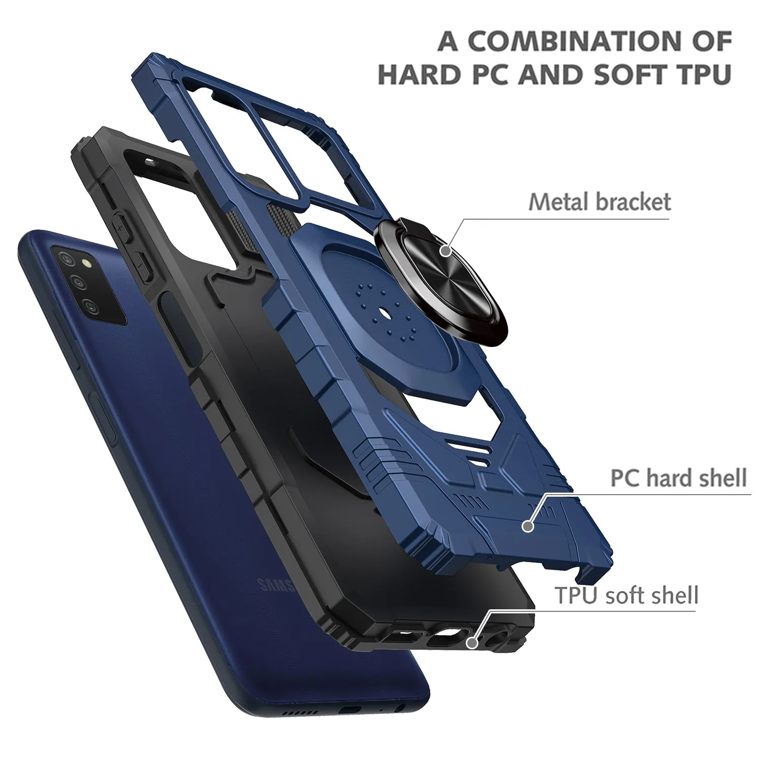 For Samsung Galaxy A03s Case [Military Grade] Ring Car Mount Kickstand w/[Tempered Glass] Hybrid Hard PC Soft TPU Shockproof Protective Case - Blue