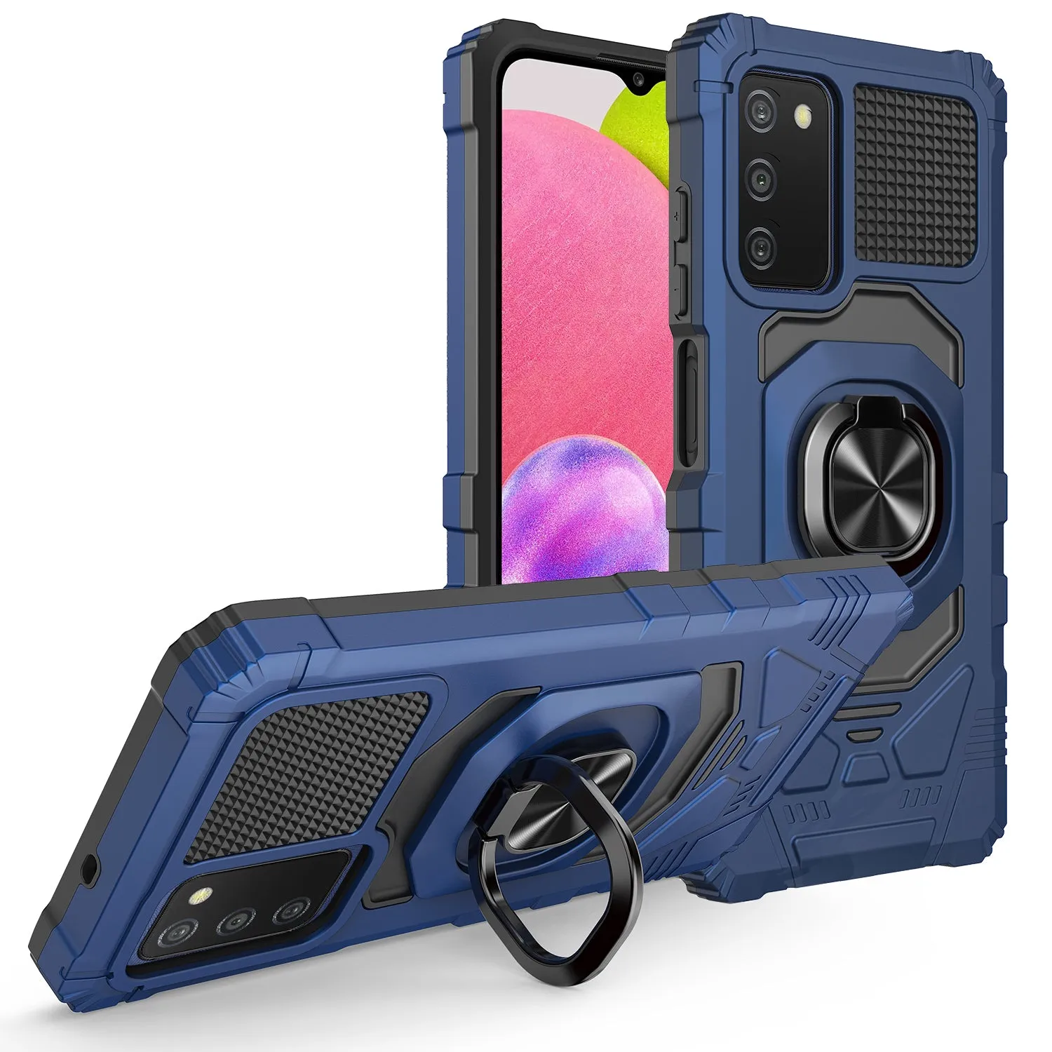 For Samsung Galaxy A03s Case [Military Grade] Ring Car Mount Kickstand w/[Tempered Glass] Hybrid Hard PC Soft TPU Shockproof Protective Case - Blue