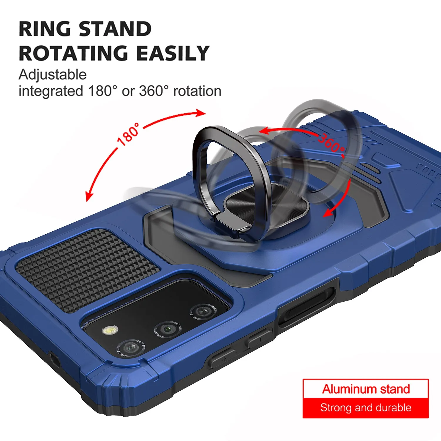 For Samsung Galaxy A03s Case [Military Grade] Ring Car Mount Kickstand w/[Tempered Glass] Hybrid Hard PC Soft TPU Shockproof Protective Case - Blue