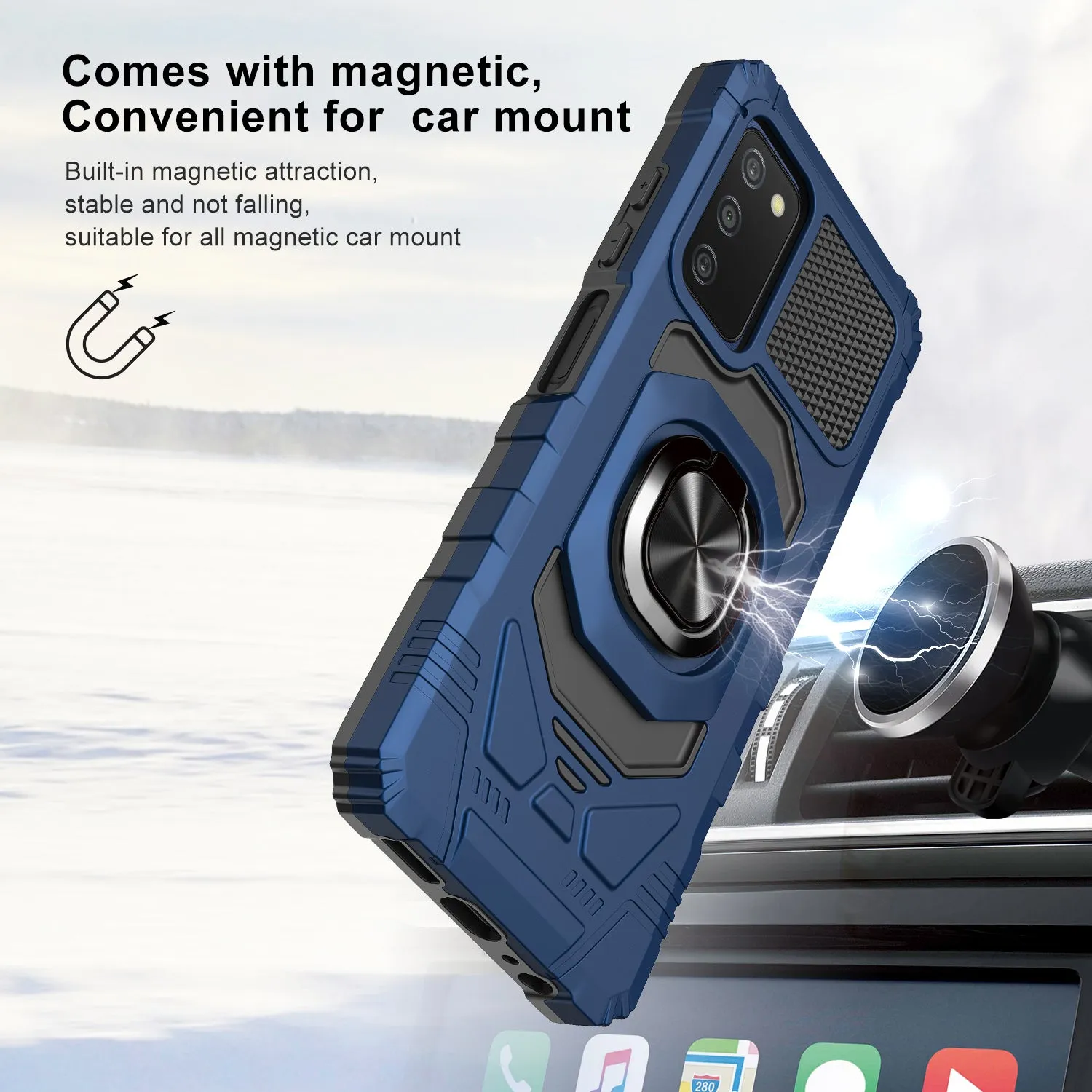 For Samsung Galaxy A03s Case [Military Grade] Ring Car Mount Kickstand w/[Tempered Glass] Hybrid Hard PC Soft TPU Shockproof Protective Case - Blue