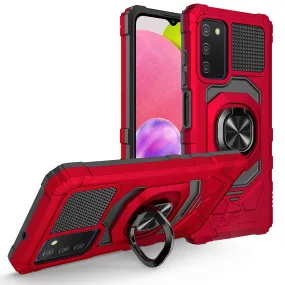 For Samsung Galaxy A03s Case [Military Grade] Ring Car Mount Kickstand w/[Tempered Glass] Hybrid Hard PC Soft TPU Shockproof Protective Case - Red