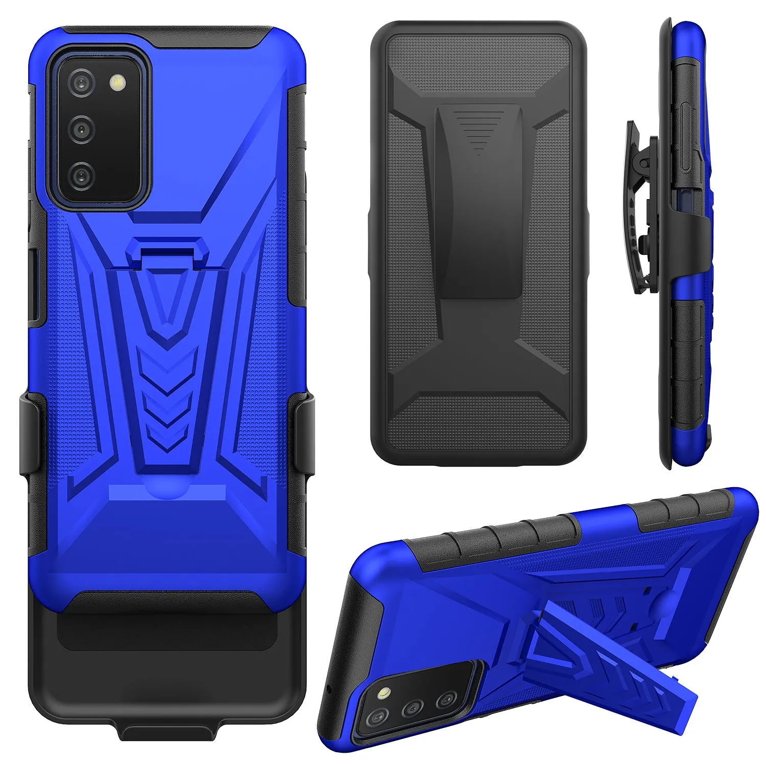 For Samsung Galaxy A03s Case with Tempered Glass Screen Protector Heavy Duty Protective Phone Case,Built-in Kickstand Rugged Shockproof Protective Phone Case - Blue