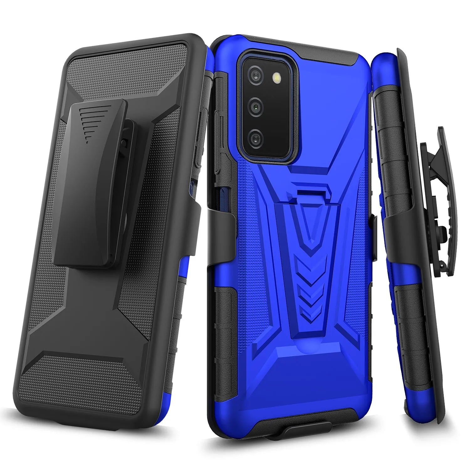 For Samsung Galaxy A03s Case with Tempered Glass Screen Protector Heavy Duty Protective Phone Case,Built-in Kickstand Rugged Shockproof Protective Phone Case - Blue